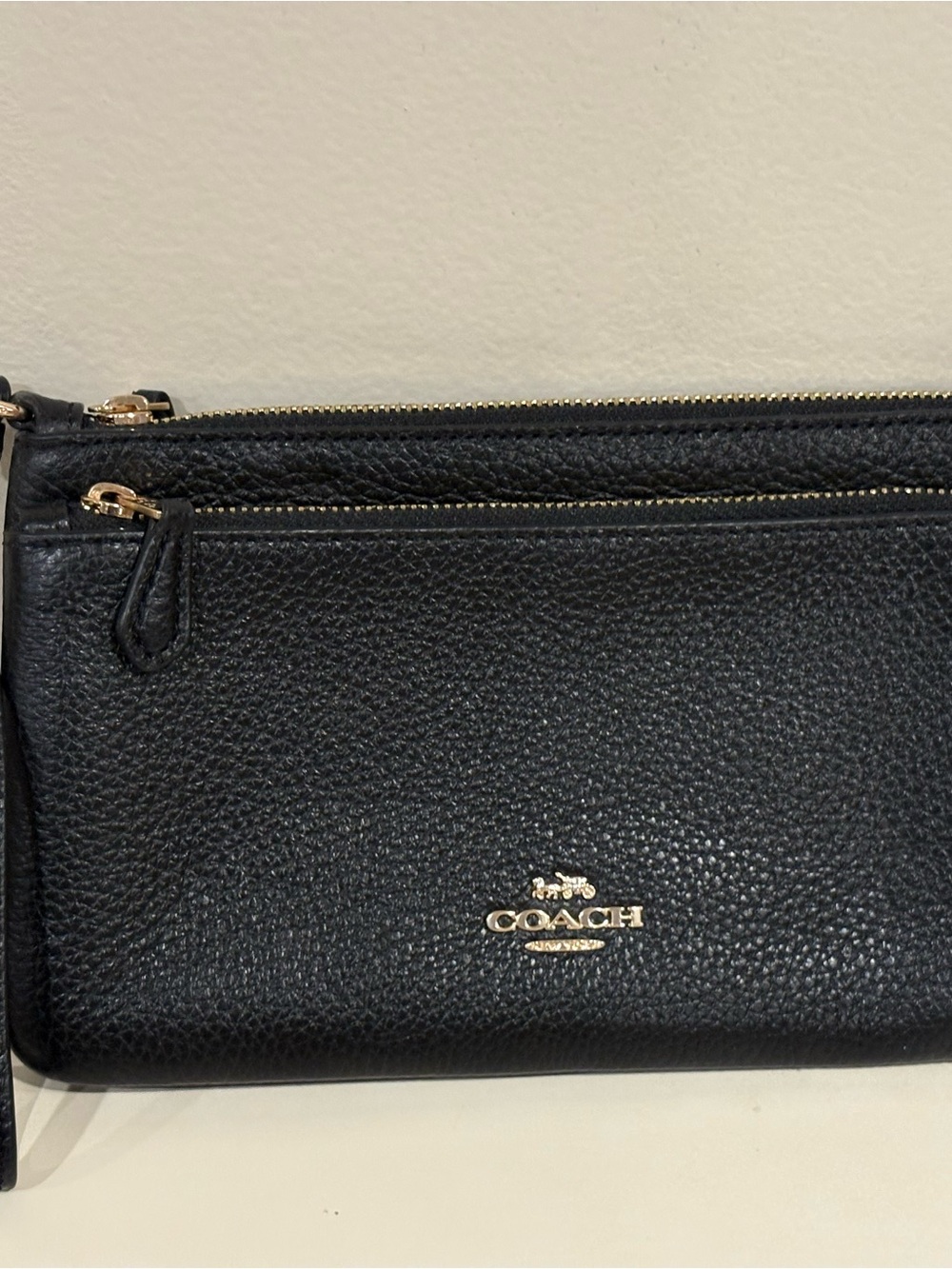 Coach Black Pebbled Leather Zip Wristlet with Gold Hardware